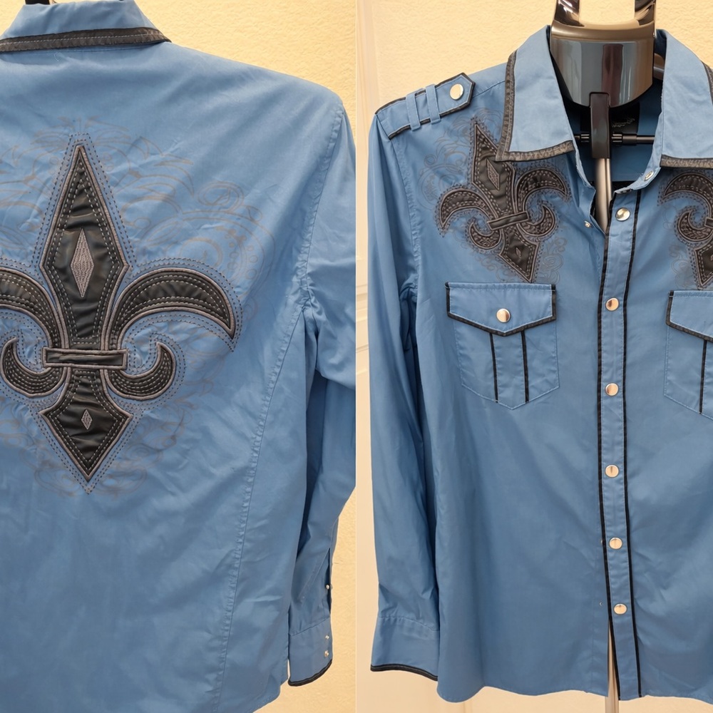 Men’s Western Pearl Snap Shirt Embroidered Fleur de Lis Cowboy Ranch Wear size L